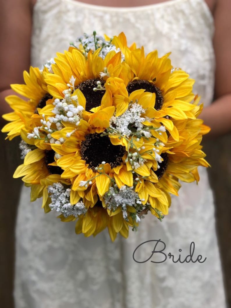 Sunflowers and baby's breath bouquet Twine handle and image 1