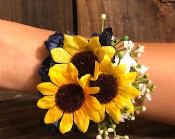 Navy blue and sunflowers wrist corsage Navy blue wedding Wrist corsage Sunflower wedding Fall wedding