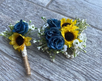 Boutonnière bleu poussiéreux et tournesol Corsage de poignet Mariage bleu poussiéreux Mariage de tournesol