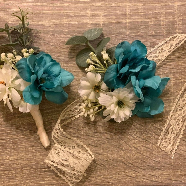 Teal wrist corsage Turquoise boutonniere Teal prom Teal wedding