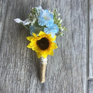 Sunflower Boutonniere: Light Blue Rustic Wedding Groomsman Accessory