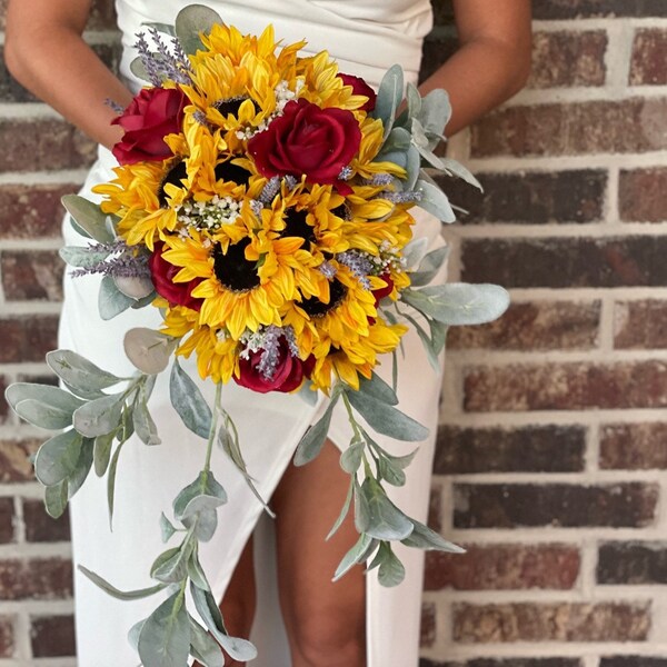 Sunflower and Red Rose Bouquet Etsy