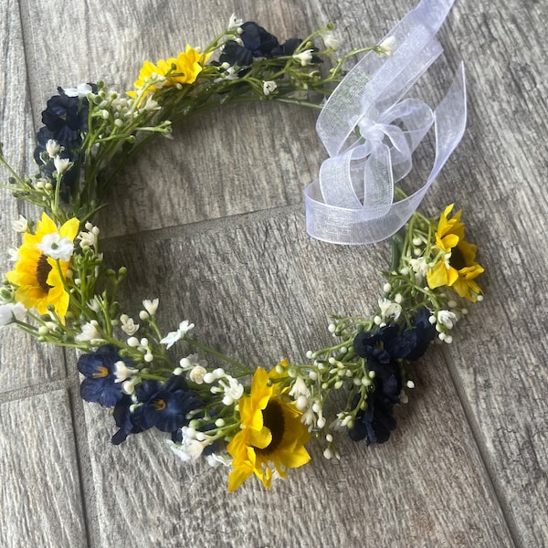 Navy blue and sunflowers flower girl crown