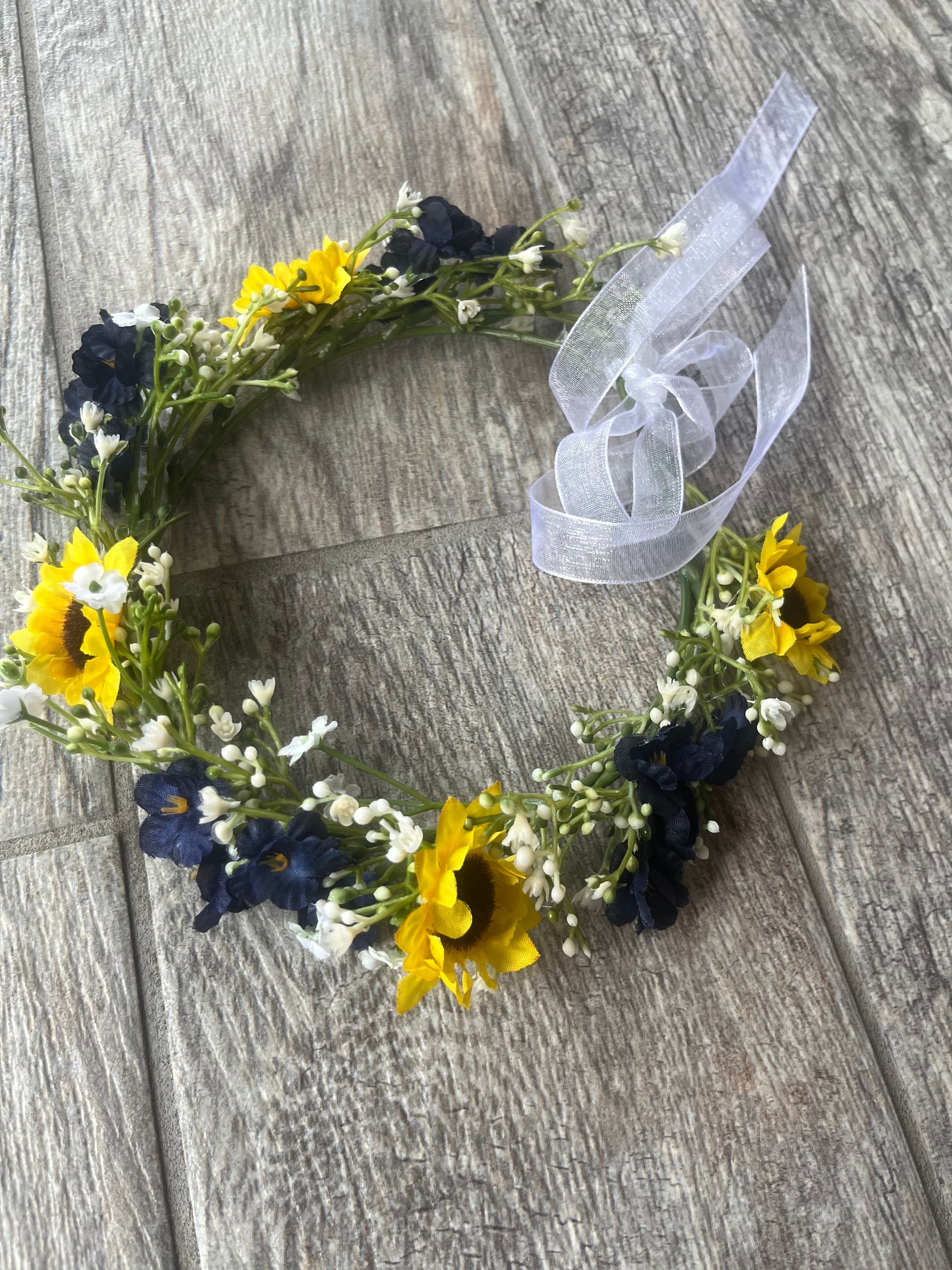 Sunflower Flower Girl Crown: Navy Blue Wedding Headband