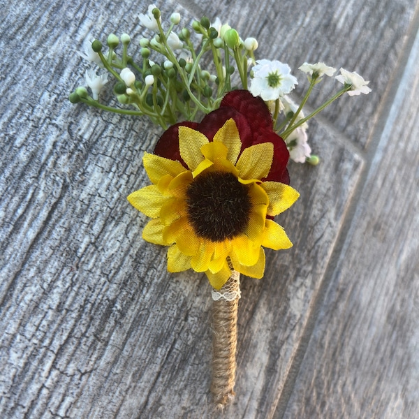 Burgundy and mini sunflower boutonniere Groom boutonniere Groomsman boutonniere Sunflower wedding