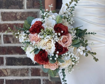 Terracotta, Ivory and Peach Roses Eucalyptus Wedding Bouquet