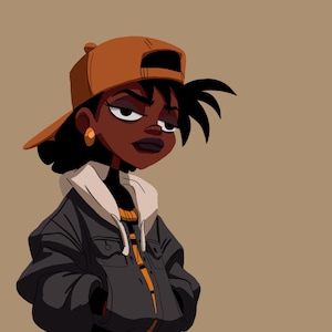 May include: A cartoon illustration of a person wearing a black jacket, orange pants, and a brown baseball cap. The person has dark skin and black hair.