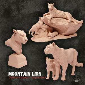 Lion des montagnes miniature en résine - Impression 3D non peinte - Poses et échelles multiples - Diorama animalier