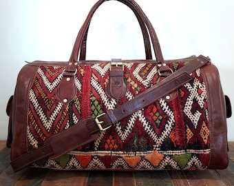 Leather Kilim Duffle Bag: Vintage Berber Wool Weekender - Limited Edition