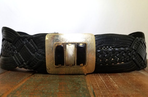 Hand Braided Leather Belt - Rectangle Metal Buckle with Horn Inlay