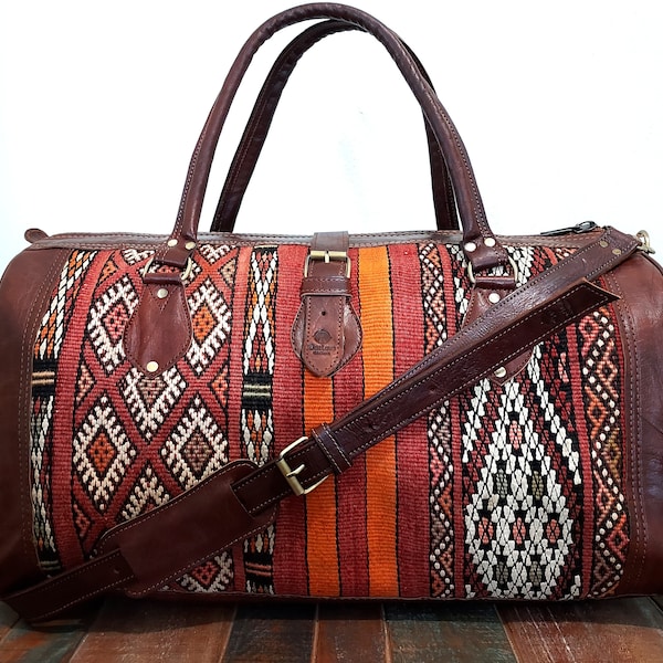 Bolsa de viaje Kilim vintage y de cuero - ¡Edición limitada! lona de cuero, bolso kilim, lona de mujer, fin de semana, equipaje de mano, bolso de noche