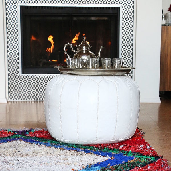 Moroccan Leather Pouf - Handmade, Hand Stitched, Hand Embroidered, Zip Bottom with leather end stops UNSTUFFED