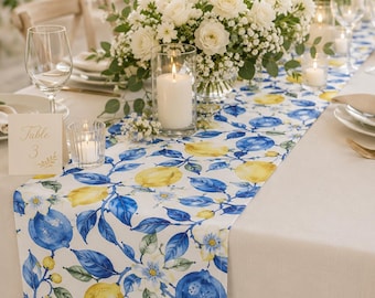 Lemon Table Runner, Blue and Yellow Citrus Print Table Linen, Mediterranean Kitchen Decor, Summer Dining Table Centerpiece