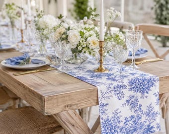 Blue Toile Table Runner | French Country Wedding Decor | Chinoiserie Table Runner | Blue and White Table Runner | Bridal Shower Decor