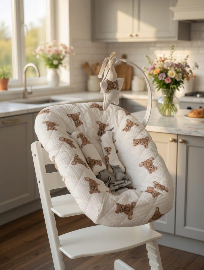May include: A white high chair with a quilted seat cover featuring a repeating pattern of brown teddy bears. The chair has a white frame and a gray safety harness. A star-shaped toy hangs above the seat.