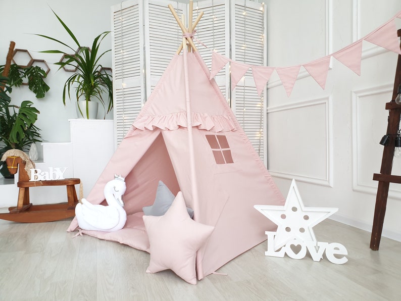 READY TO SHIP  Pale pink teepee tent , playhouse , organic cotton teepee , tipi neutral , gray teepee , tee pee , pink teepee 