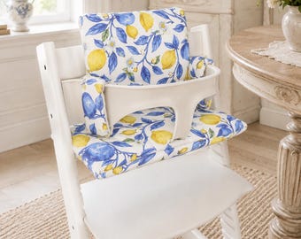 Lemon High Chair Cushions Compatible with Stokke Tripp Trapp, Blue and Yellow Citrus Print Seat Pad, Mediterranean Baby Chair Cushion