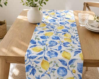 Lemon Table Runner, Blue and Yellow Citrus Print Table Linen, Mediterranean Kitchen Decor, Summer Dining Table Centerpiece