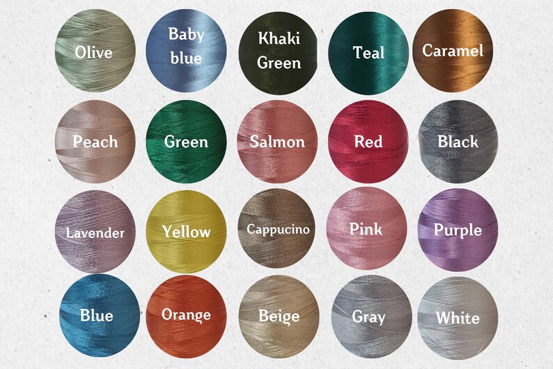 May include: A color chart of embroidery floss with 20 different colors, including olive, baby blue, khaki green, teal, caramel, peach, green, salmon, red, black, lavender, yellow, cappuccino, pink, purple, blue, orange, beige, gray, and white.
