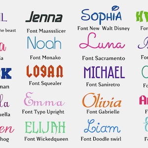 K&ouml;nnte beinhalten: Eine Tabelle mit verschiedenen Schriftarten mit Namen wie April, Jenna, Sophia, Henry, Ella, Noah, Luna, Isabella, Jack, Logan, Michael, Oliver, Camila, Emma, Olivia, Amelia, Aiden, Elijah, Liam und Ethan. Jeder Name ist in einem anderen Schriftstil geschrieben und der Name der Schriftart ist darunter aufgef&uuml;hrt.