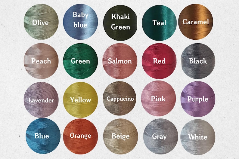 May include: A color chart featuring 20 thread colors in circular arrangements. Colors include olive, baby blue, khaki green, teal, and caramel. Other colors are peach, green, salmon, red, black, lavender, yellow, cappuccino, pink, and purple.