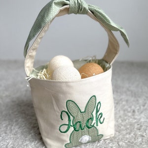 Easter Basket For Boys Set Of 2 - Blue Bunny Woven Cotton Rope Basket With Grass & Personalized Wooden Name Tag - View #8