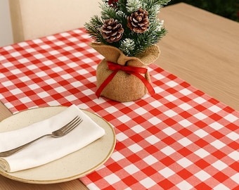 Christmas Table Runner | Red, Green and White Gingham Check Holiday Table Décor | Festive Farmhouse Dining Decoration