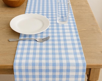 Blue Gingham Check Table Runner: Wipeable Farmhouse Kitchen Decor