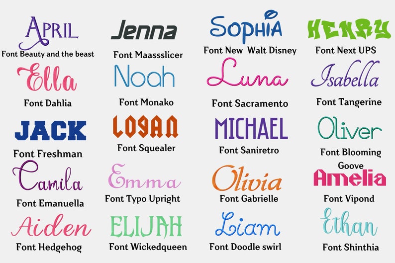 Puede incluir: Un gr&aacute;fico de diferentes fuentes con nombres como April, Jenna, Sophia, Henry, Ella, Noah, Luna, Isabella, Jack, Logan, Michael, Oliver, Camila, Emma, Olivia, Amelia, Aiden, Elijah, Liam y Ethan. Cada nombre est&aacute; escrito en un estilo de fuente diferente y el nombre de la fuente se enumera debajo de cada nombre.