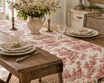 Vintage Red Toile Table Runner, French Country Dining Decor, Rustic Farmhouse Table Linen, Cottagecore Kitchen Decoration