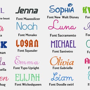 May include: A chart of different fonts with the names of the fonts listed below each example. The names include April, Jenna, Sophia, Henry, Ella, Noah, Luna, Isabella, Jack, Logan, Michael, Oliver, Camila, Emma, Olivia, Amelia, Aiden, Elijah, Liam, and Ethan.