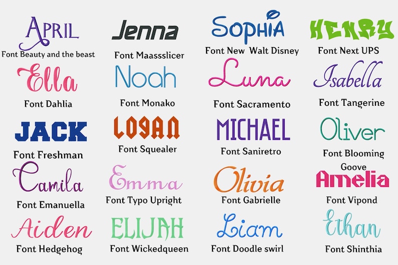 May include: A chart of different fonts with the names of the fonts listed below each example. The names include April, Jenna, Sophia, Henry, Ella, Noah, Luna, Isabella, Jack, Logan, Michael, Oliver, Camila, Emma, Olivia, Amelia, Aiden, Elijah, Liam, and Ethan.