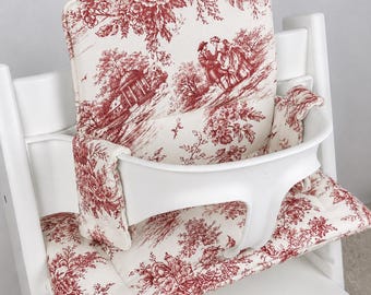 Red Toile de Jouy High Chair Cushion Compatible with Stokke Tripp Trapp, Vintage French Print Seat Pad and Backrest Cover