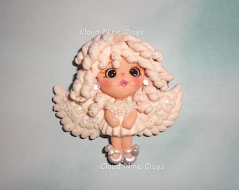 Pucker lip Angel curly hair white sparkle wings clay doll bow center jewelry badge reels key chains flat back embellishment lanyard name tag