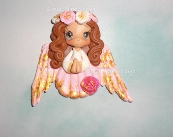 Angel praying heaven girl tan skin brown hair wings clay doll bow center jewelry badge reels flat back embellishment lanyards
