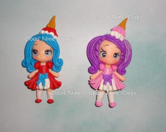 1* Ice cream girl cone sweet treat clay doll flat back embellishment bow center jewelry magnets lanyards frames key chains craft