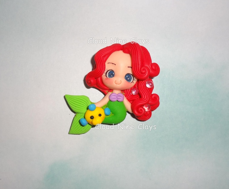 Princess little mermaid fish red hair friend clay doll bow center jewelry cards frame flat back embellishment crafts key chain badge reels image 2
