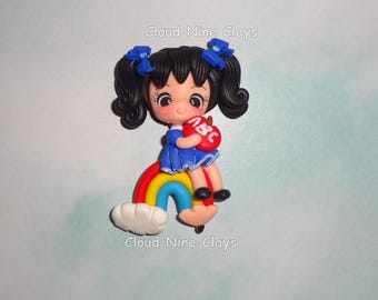 ABC school girl on rainbow clay doll flat back embellishment bow center jewelry magnets lanyards frame key chain craft badge reel