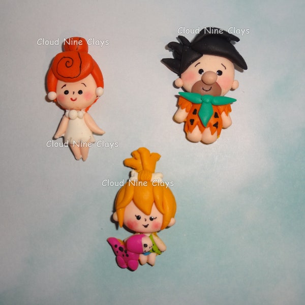 1* stone age cartoon characters Wilma Pebbles w dino Fred clay doll flat back embellishment bow center jewelry lanyards crafts badge reel