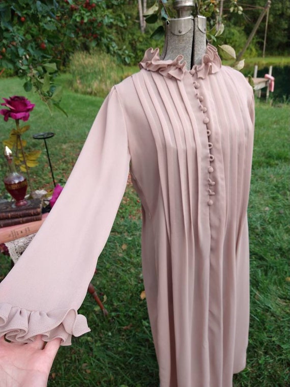 Vintage 70's Sheer Pleated Dress Ruffle Collar Ru… - image 2