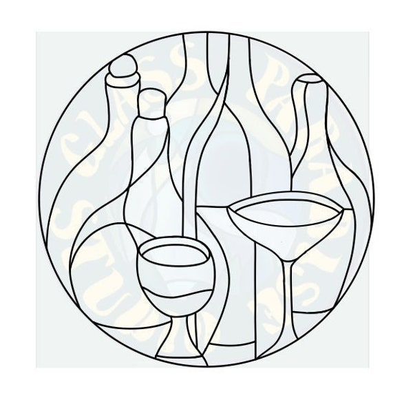 Wijnfles abstract gebrandschilderd glaspatroon PDF digitaal bestand