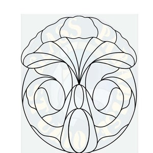 May include: A black and white line drawing of a stained glass window design featuring a stylized floral motif.