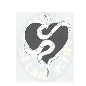 May include: A black heart with a white snake wrapped around it. The snake's head is pointing upwards. The image is in a vintage style.