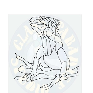 May include: A black and white line drawing of an iguana sitting on a branch. The iguana is facing to the right and has a long tail.