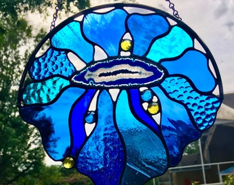 8" Funky Blue Flower stained glass sun catcher