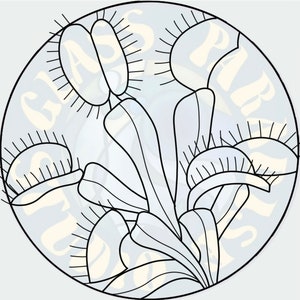 May include: Black and white line art illustration of a Venus flytrap plant with multiple traps. The plant is depicted in a circular frame with the text "Glass Palace" and "Paradise" visible in the background.