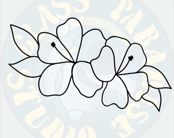 May include: A black and white line drawing of two hibiscus flowers with leaves.