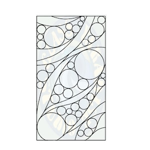 May include: A rectangular stained glass panel with a geometric design. The design features a series of interconnected circles of varying sizes, outlined in black, set against a translucent background. Curved lines weave through the circles.