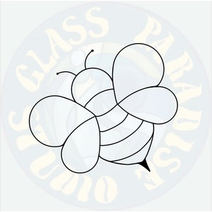 May include: A black and white line drawing of a cartoon bee with striped wings and a stinger.