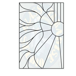 May include: A black and white line drawing of a stained glass window design featuring a sun with rays and a curved design.